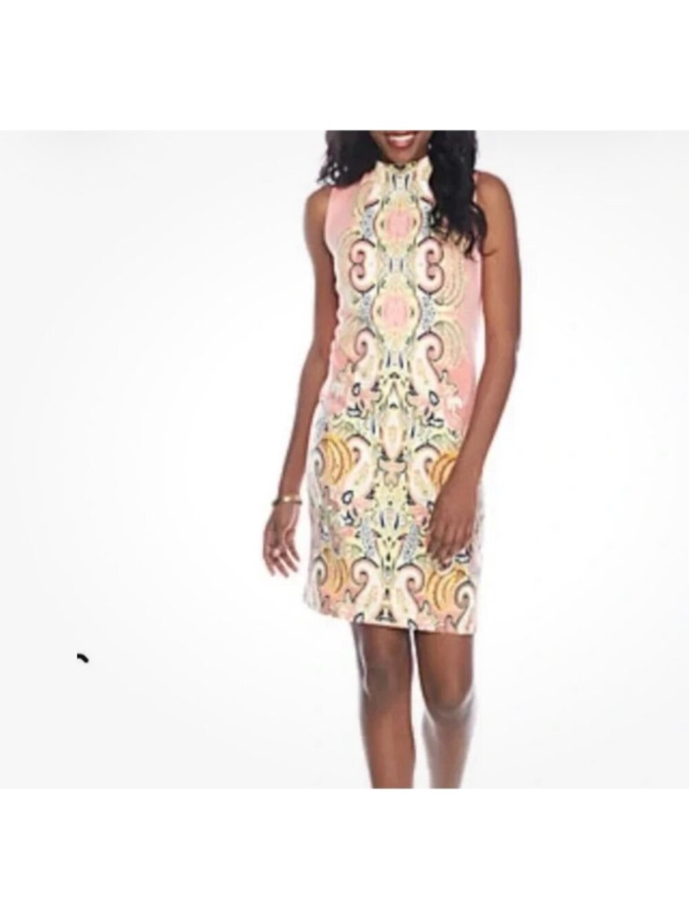 Melissa Paige Geometric Scuba Peach Paisley Print Mock Neck Shift Dress Size PM